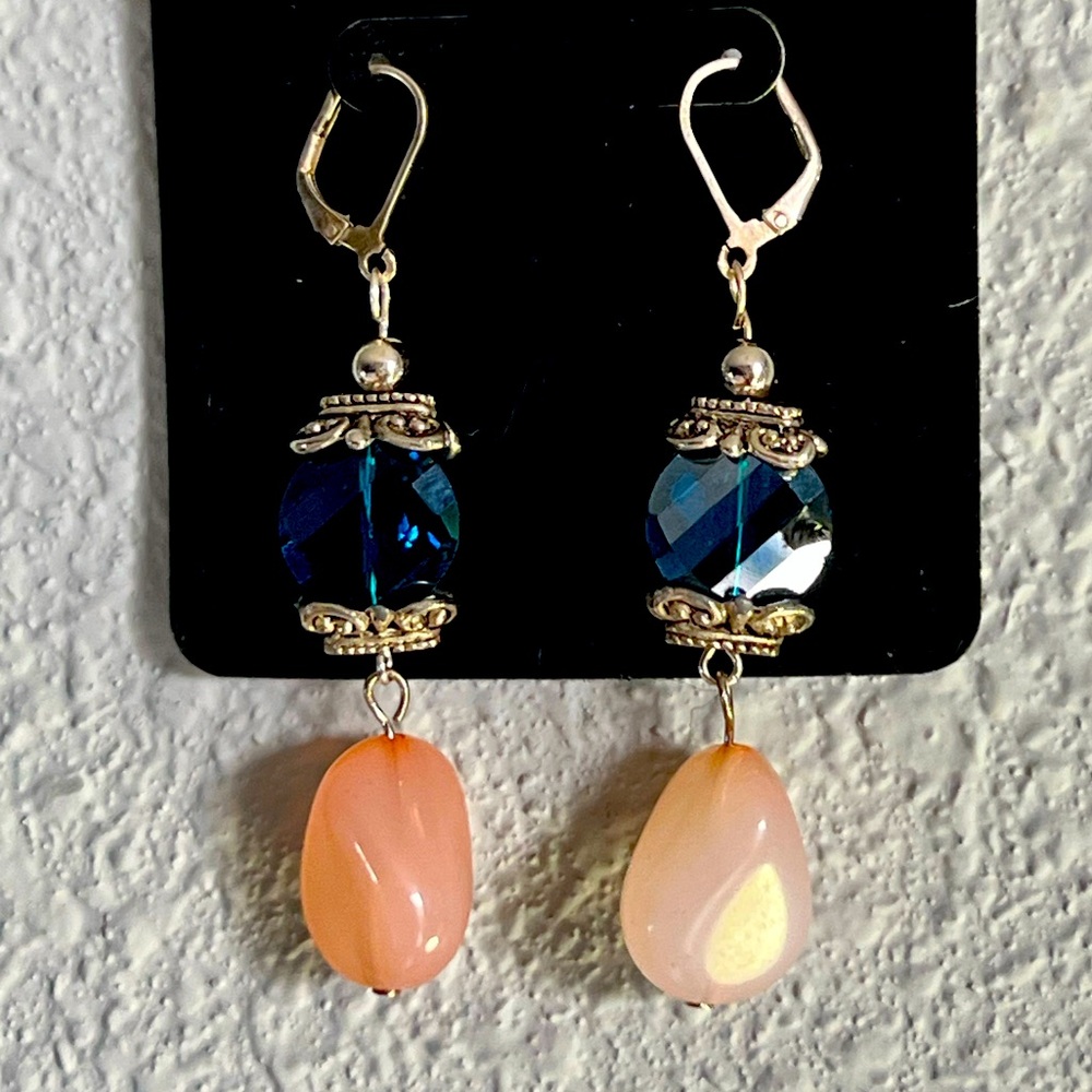 925 Sterling Silver Evening Tide Blue and Rose Quartz Crystal Earrings